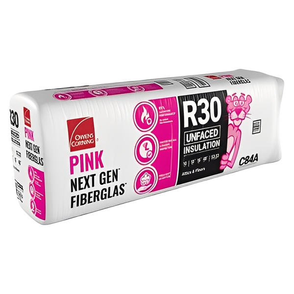 A package of Owens Corning R30 24 in. x 48 in. Unfaced Fiberglass Insulation Batt 80SQ FT, by Owens Corning, comes wrapped in white and pink with a cartoon panther and product details on the packaging.